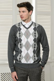 Серо-белый мужской пуловер с геометрическим узором